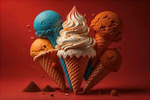 Ice cream in waffle cone on blue background, top view, flat lay. ai generative photo