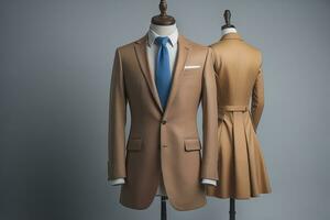 Stylish suits on mannequins on solid color background, closeup. ai generative photo