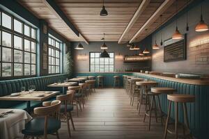Interior of a modern cafe with blue walls and wooden floor. ai generative photo