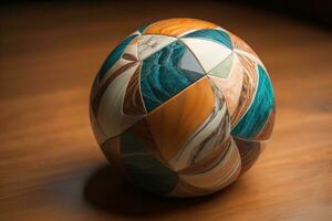 Colorful marble ball on a solid colour background. Close-up. ai generative photo