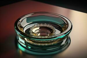 Empty glossy transparent ashtray on a dark background. ai generative photo