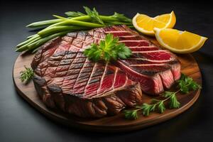 Raw beef sirloin steak with ingredients for cooking on wooden background. ai generative photo