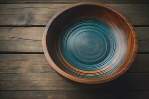 Empty wooden bowl on wooden background. Top view. Copy space. ai generative photo