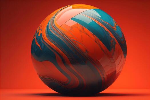 Colorful marble ball on a solid colour background. Close-up. ai generative photo