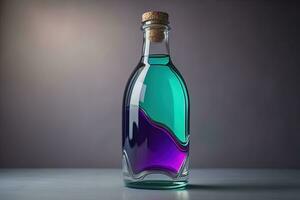 Bottle with a liquid on a solid color background. ai generative photo