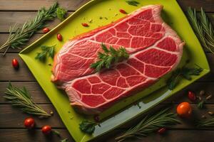 Raw beef sirloin steak with ingredients for cooking on wooden background. ai generative photo