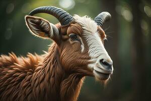 Head of a goat with big horns. ai generative photo