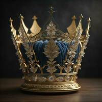 low key image of beautiful golden queen, king crown. ai generative photo