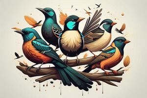 Vector illustration of a group of colorful birds sitting on a branch. ai generative photo