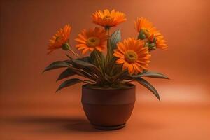 Flowers in a pot on a solid color background. ai generative photo