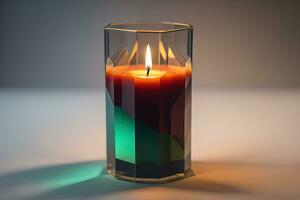 Burning aroma candle on wooden table against solid color background, copyspace. ai generative photo