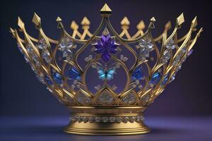 low key image of beautiful golden queen, king crown. ai generative photo