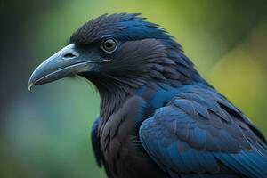 cerca arriba retrato de un negro cuervo, corvus corax. ai generativo foto