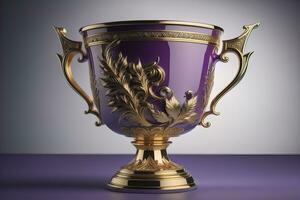 Golden trophy cup on wooden table. Award concept. ai generative photo