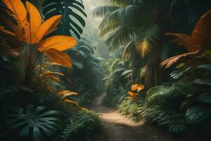 un ruta en tropical selva con palma arboles y camino en el neblina. ai generativo foto