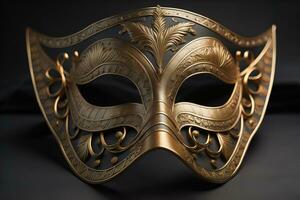 Venetian carnival mask with golden ornament on a solid color background. ai generative photo
