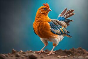 Colorful chicken on a solid color background, studio photo. ai generative photo