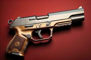 Semi-automatic handgun on a solid color background. Close-up. ai generative photo