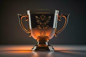 Golden trophy cup on wooden table. Award concept. ai generative photo