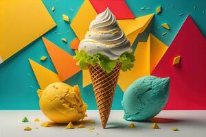 Ice cream in waffle cone on blue background, top view, flat lay. ai generative photo