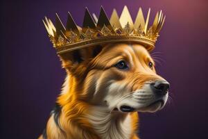 retrato de un linda perro en un dorado corona en un sólido color antecedentes. ai generativo foto