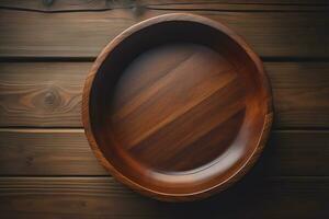 Empty wooden bowl on wooden background. Top view. Copy space. ai generative photo