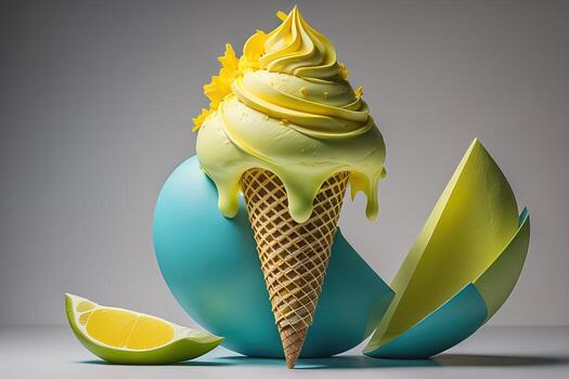 Ice cream in waffle cone on blue background, top view, flat lay. ai generative photo