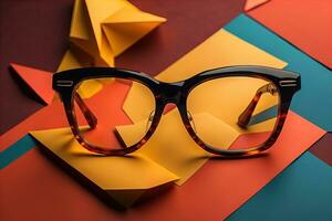 Stylish glasses on wooden table. Fashionable eyeglasses. ai generative photo
