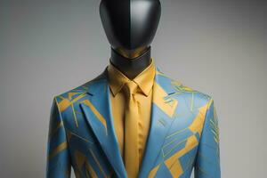 Stylish suits on mannequins on solid color background, closeup. ai generative photo