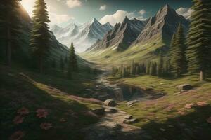 Beautiful fantasy landscape with a river in the mountains. ai generative photo