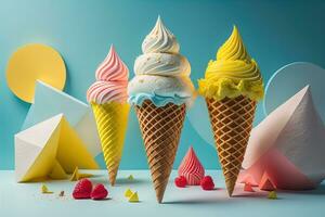 Ice cream in waffle cone on blue background, top view, flat lay. ai generative photo