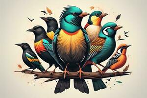 Vector illustration of a group of colorful birds sitting on a branch. ai generative photo