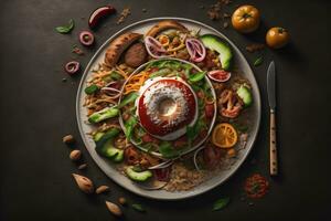 Top view of different indian dishes on dark background. Indian cuisine. ai generative photo