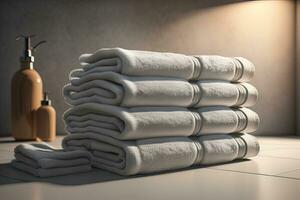 Towels on a wooden table in a bathroom. ai generative photo