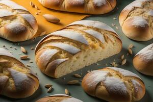 Freshly baked sweet buns on a red background. Toned. ai generative photo