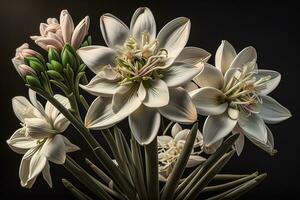 Bouquet of snowdrops on a black background. Studio photography. ai genrative photo