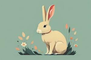 Vector illustration of a cute white rabbit sitting on a gray background. ai generative photo