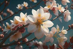 cherry blossom sakura flower on blue sky background, ai generative photo