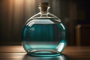 Bottle with a liquid on a solid color background. ai generative photo