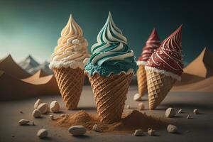 Ice cream in waffle cone on blue background, top view, flat lay. ai generative photo