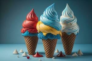 Ice cream in waffle cone on blue background, top view, flat lay. ai generative photo