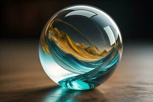 Transparent crystal ball on a wooden table. ai generative photo