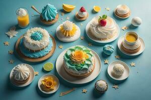 Homemade cakes on a solid colors background, top view. ai generative photo