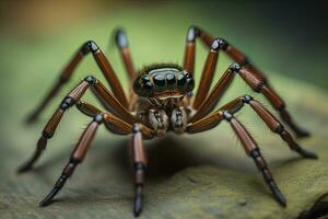 saltando araña de cerca en sólido color fondo, espacio de copia. ai generativo foto