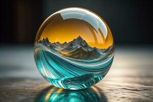 Transparent crystal ball on a wooden table. ai generative photo