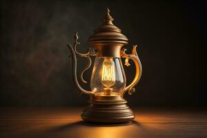 Lantern on a wooden table and a dark background. ai generative photo