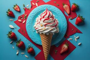 Ice cream in waffle cone on blue background, top view, flat lay. ai generative photo