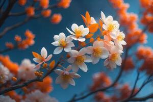 Cereza florecer sakura flor en azul cielo fondo, ai generativo foto