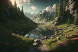 Beautiful fantasy landscape with a river in the mountains. ai generative photo
