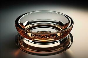 Empty glossy transparent ashtray on a dark background. ai generative photo